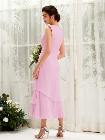 Carlyna Tubo Cuello redondo Hasta la tibia Gasa Vestido de dama de honor Rosa Caramelo #color_rosa-caramelo