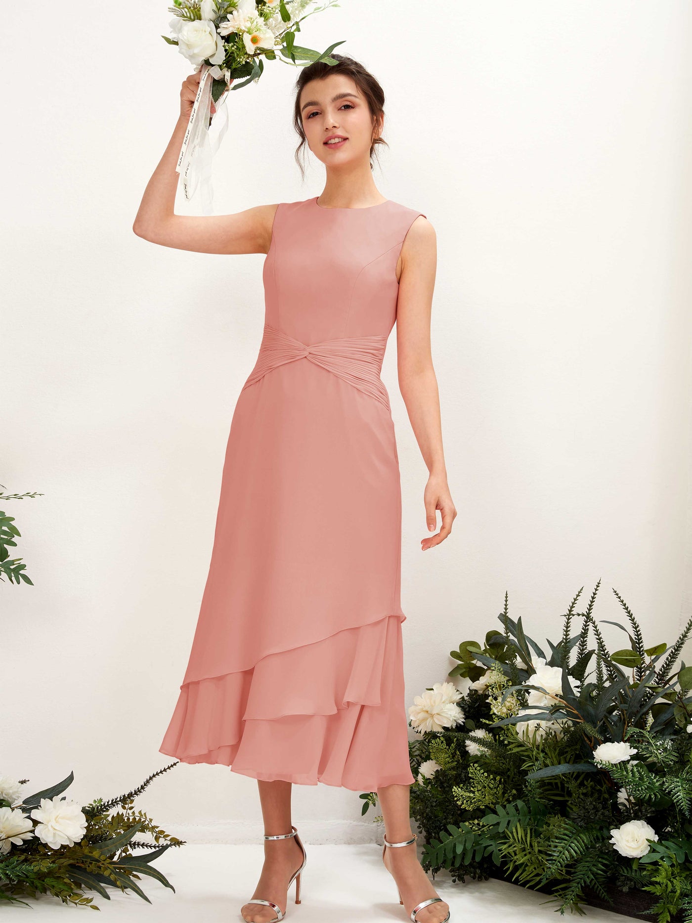 Carlyna Tubo Cuello redondo Hasta la tibia Gasa Vestido de dama de honor Rosa Champán #color_rosa-champ-n