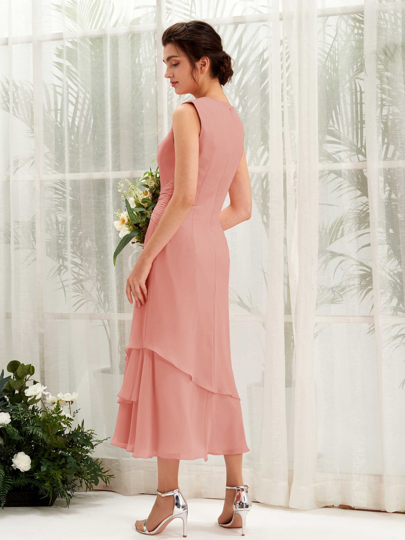 Carlyna Tubo Cuello redondo Hasta la tibia Gasa Vestido de dama de honor Rosa Champán #color_rosa-champ-n