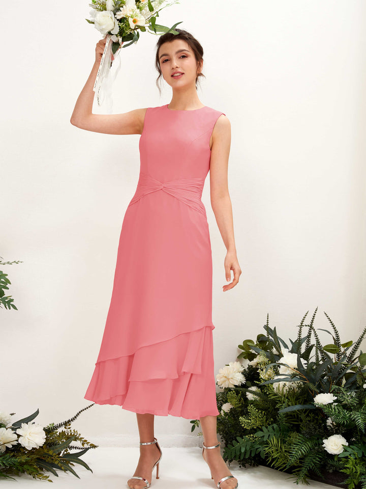 Carlyna Tubo Cuello redondo Hasta la tibia Gasa Vestido de dama de honor Rosa Coral 