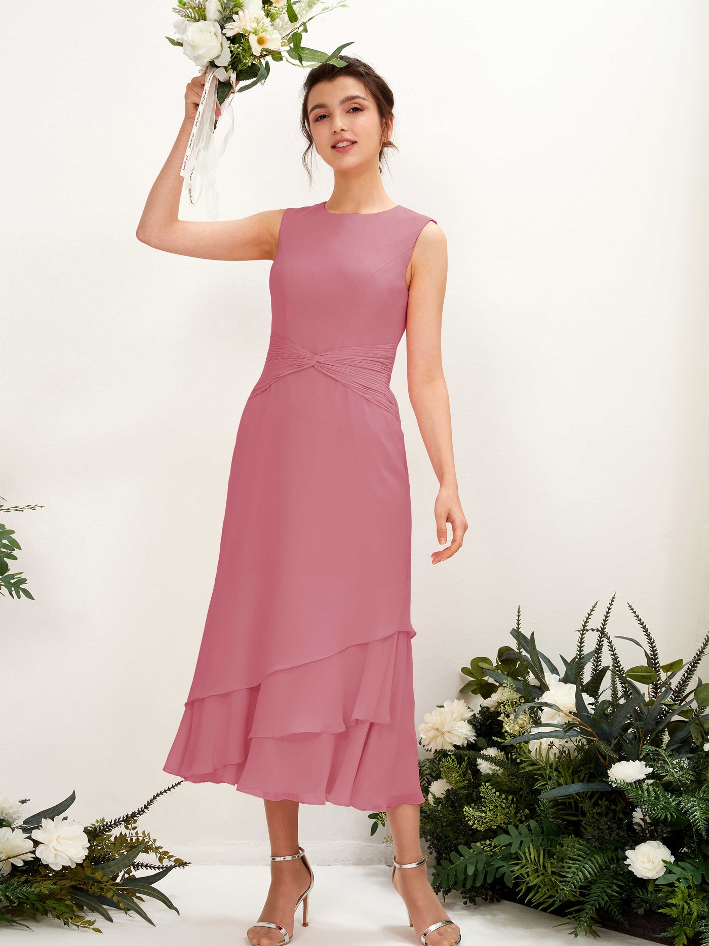 Carlyna Tubo Cuello redondo Hasta la tibia Gasa Vestido de dama de honor Rosa Del Desierto #color_rosa-del-desierto
