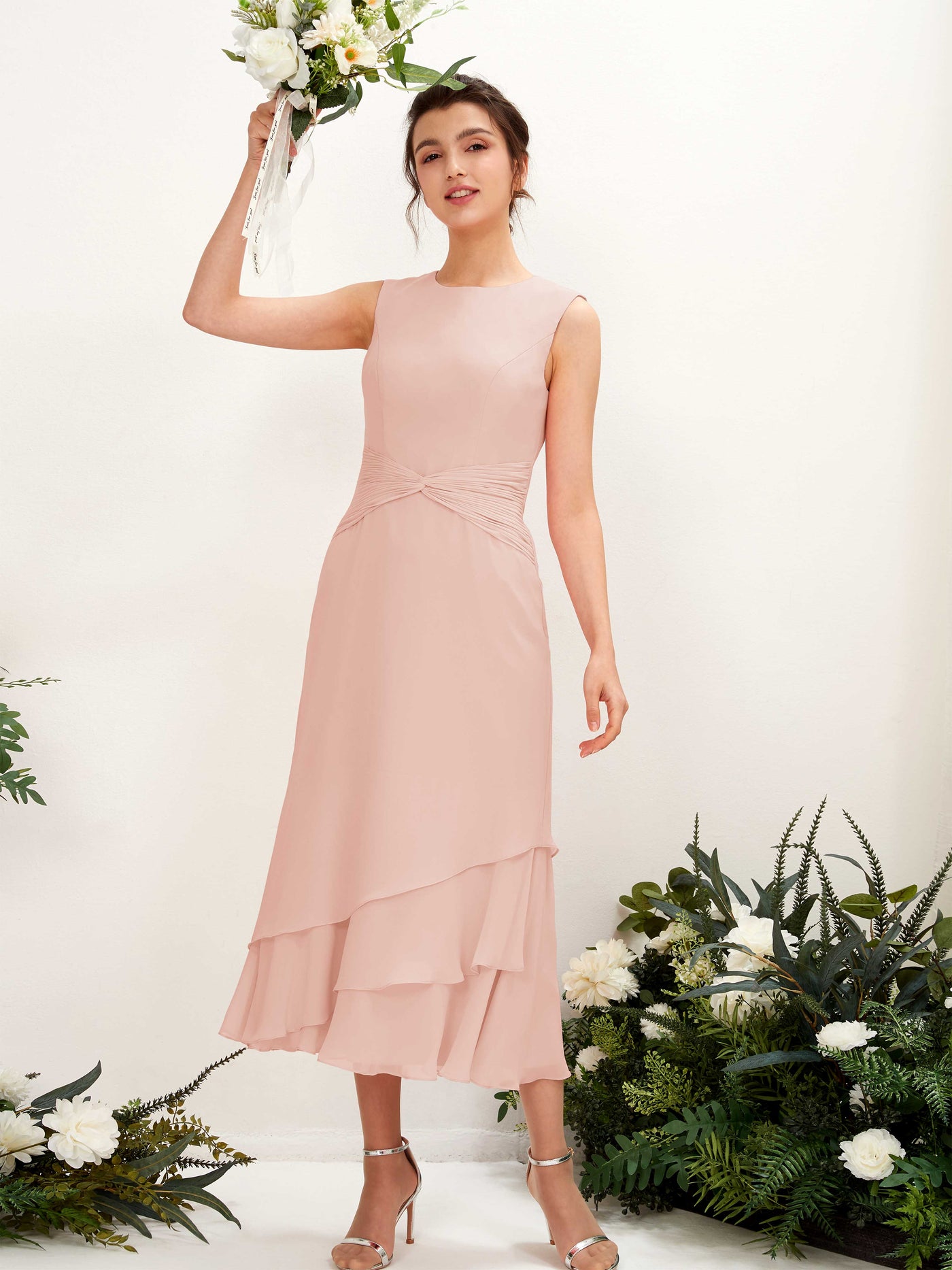 Carlyna Tubo Cuello redondo Hasta la tibia Gasa Vestido de dama de honor Rosa Perla #color_rosa-perla