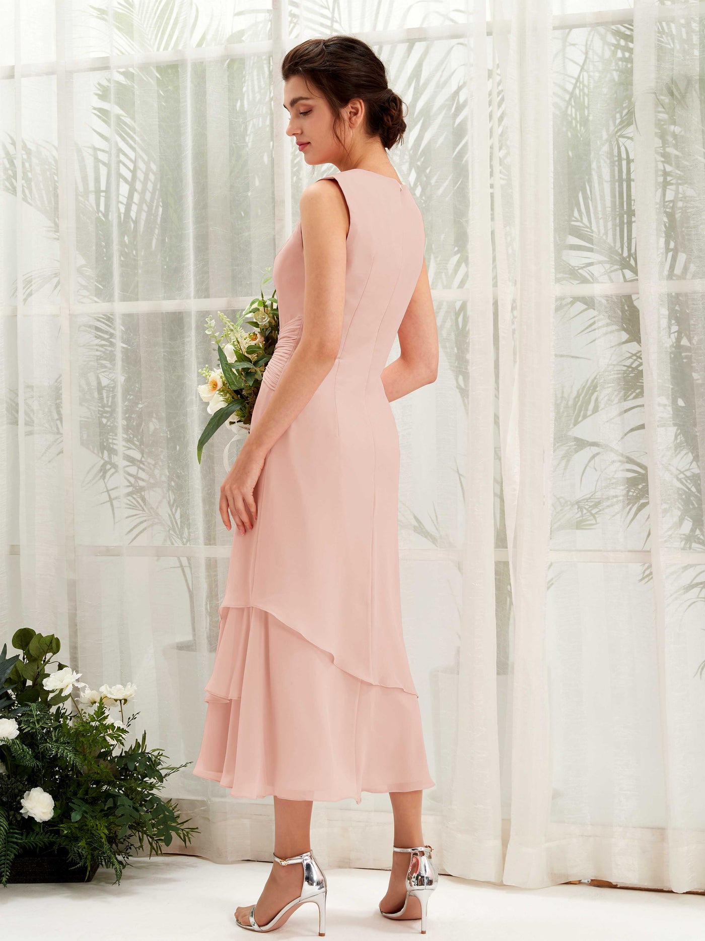 Carlyna Tubo Cuello redondo Hasta la tibia Gasa Vestido de dama de honor Rosa Perla #color_rosa-perla