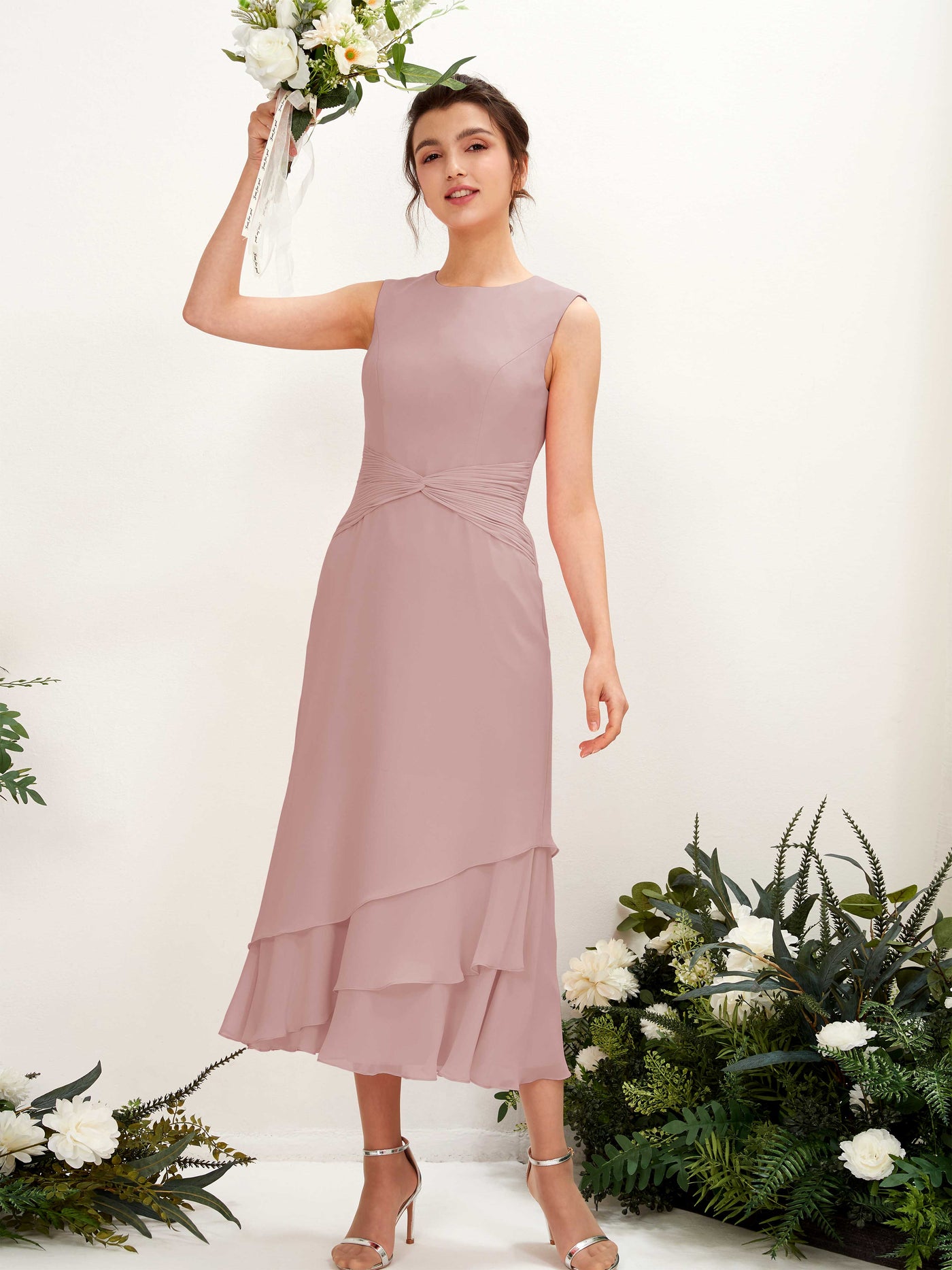 Carlyna Tubo Cuello redondo Hasta la tibia Gasa Vestido de dama de honor Rosa Polvorienta #color_rosa-polvorienta