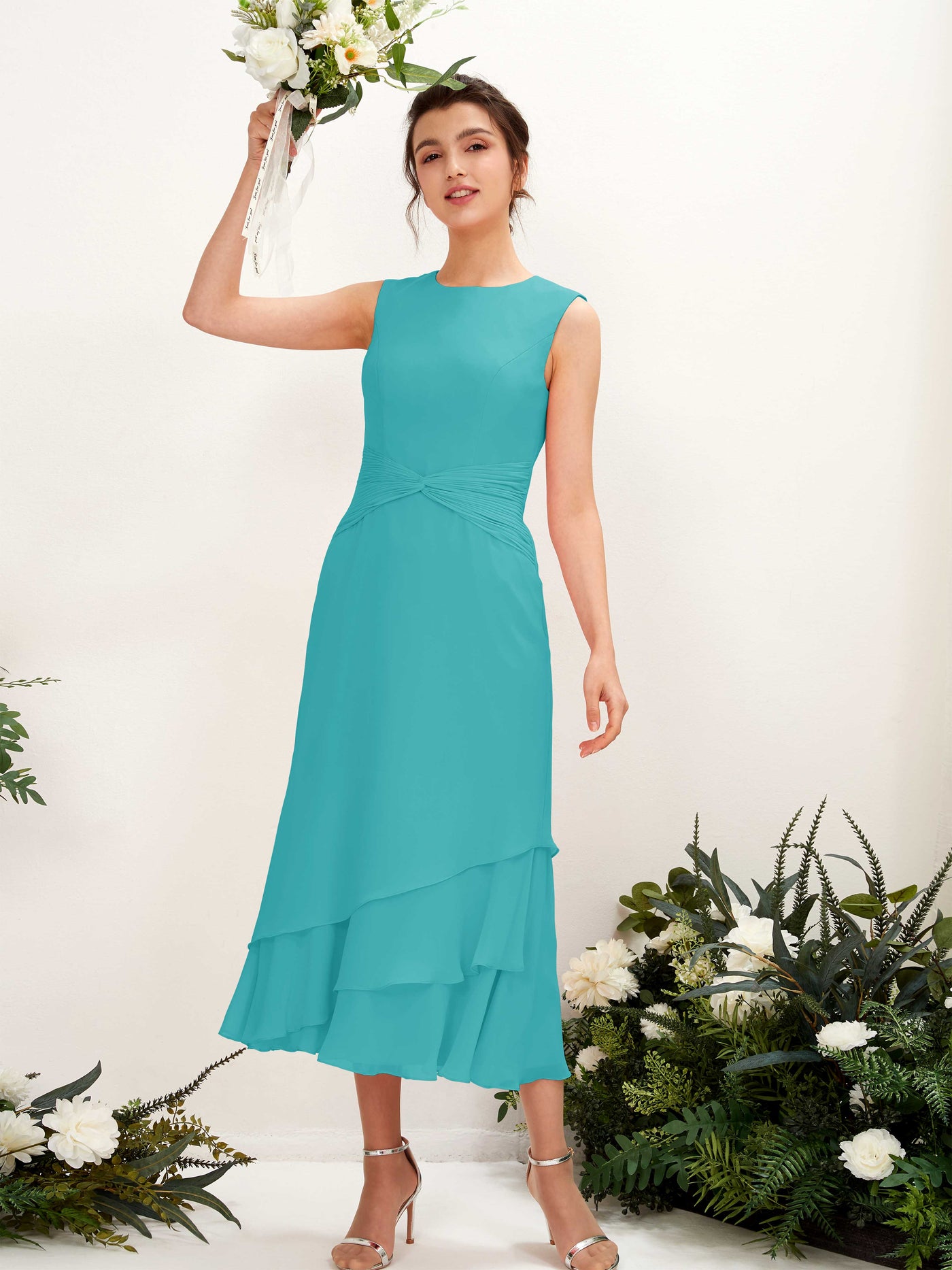 Carlyna Tubo Cuello redondo Hasta la tibia Gasa Vestido de dama de honor Turquesa #color_turquesa