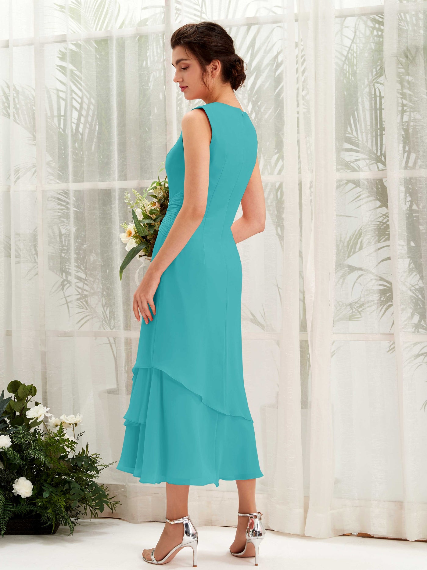Carlyna Tubo Cuello redondo Hasta la tibia Gasa Vestido de dama de honor Turquesa #color_turquesa