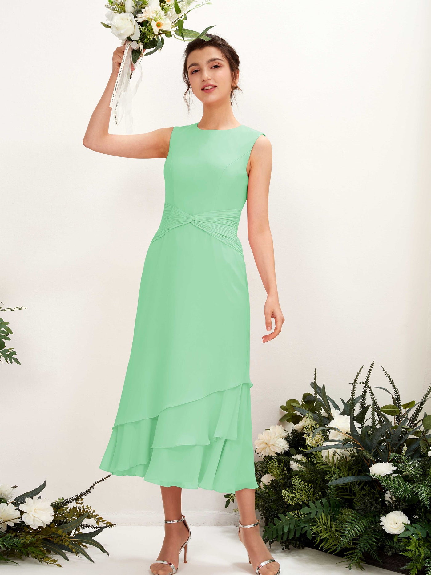 Carlyna Tubo Cuello redondo Hasta la tibia Gasa Vestido de dama de honor Verde Menta #color_verde-menta