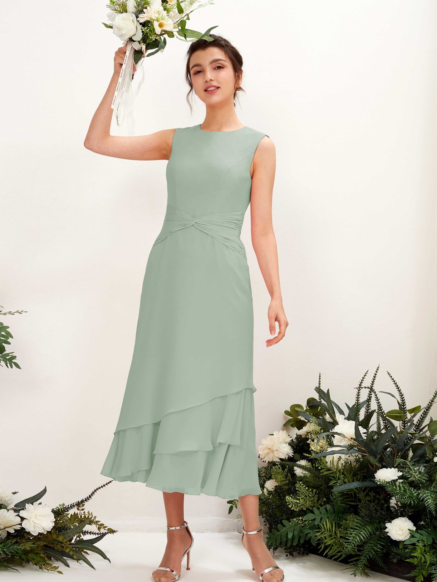 Carlyna Tubo Cuello redondo Hasta la tibia Gasa Vestido de dama de honor Verde Salvia #color_verde-salvia