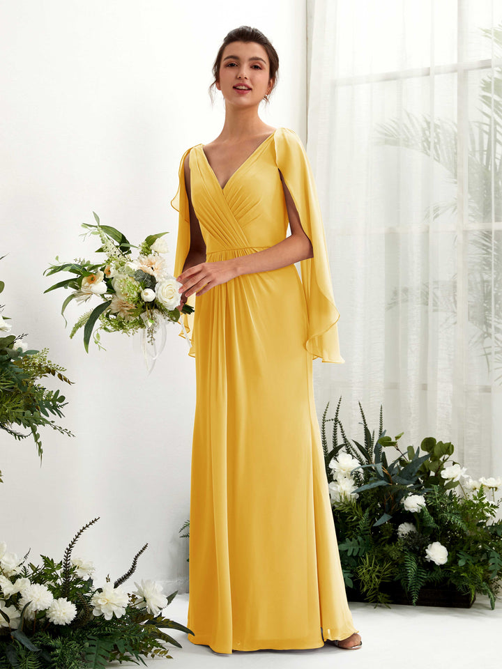 Carlyna Tubo Escote en V Capa Gasa Vestido de dama de honor Amarillo Mostaza 
