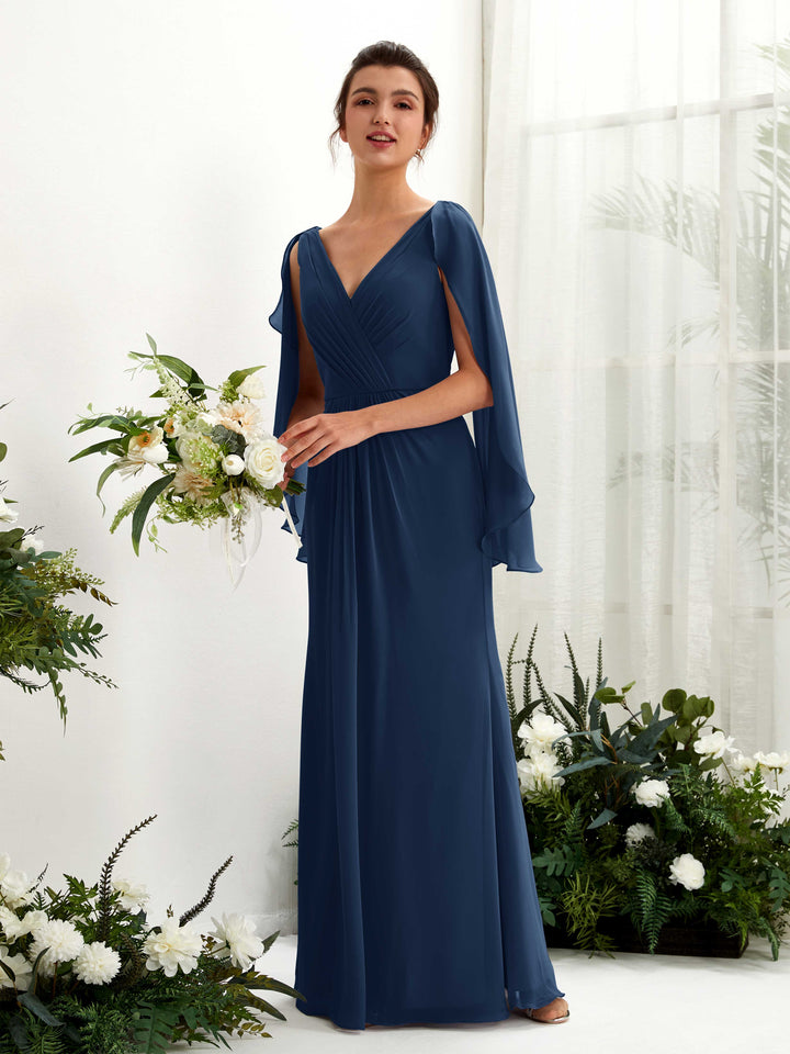 Carlyna Tubo Escote en V Capa Gasa Vestido de dama de honor Azul Marino 