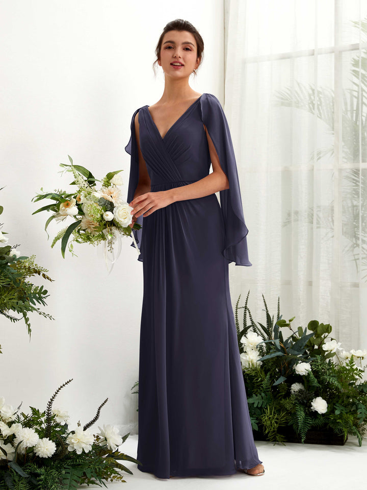 Carlyna Tubo Escote en V Capa Gasa Vestido de dama de honor Azul Marino Oscuro 