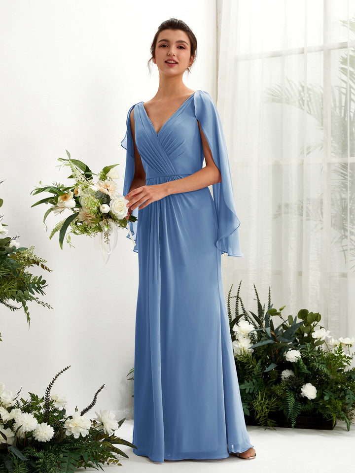 Carlyna Tubo Escote en V Capa Gasa Vestido de dama de honor Azul polvoriento 