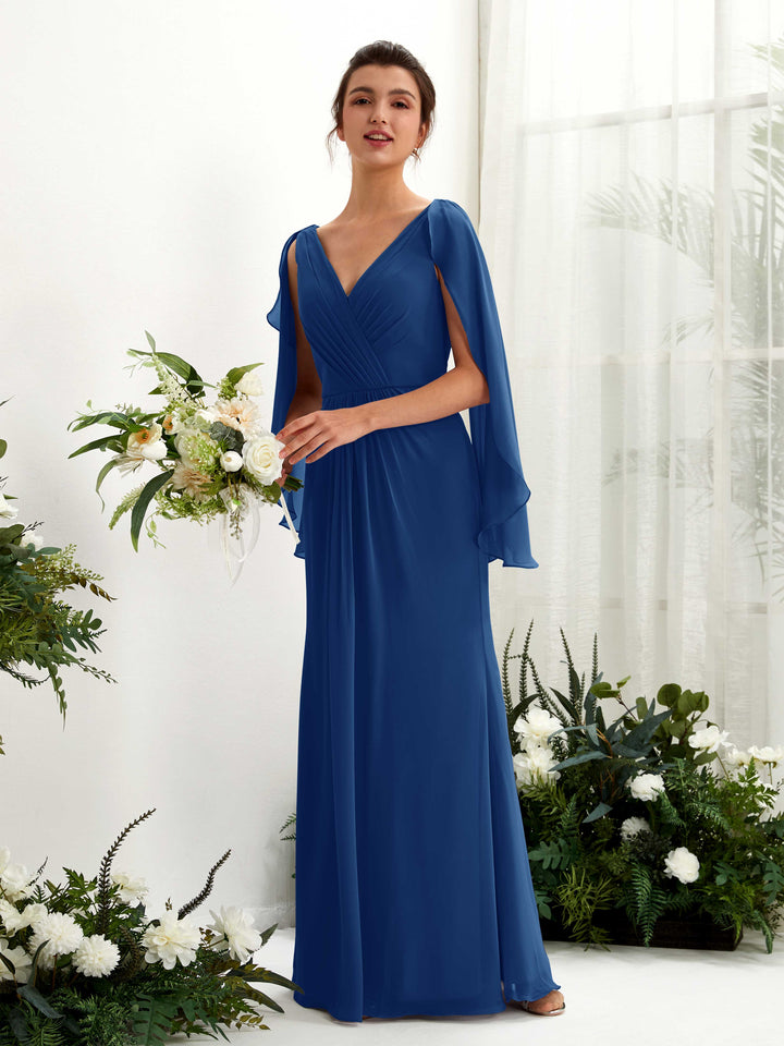 Carlyna Tubo Escote en V Capa Gasa Vestido de dama de honor Azul Real 