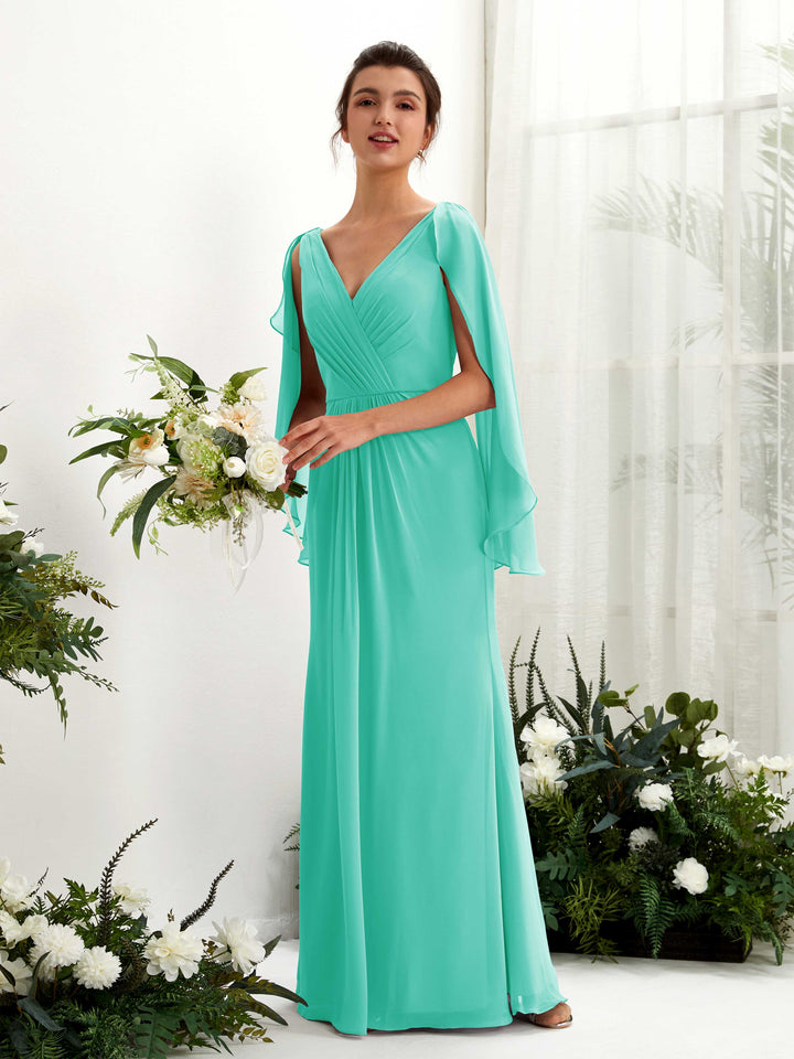 Carlyna Tubo Escote en V Capa Gasa Vestido de dama de honor Azul Tiffany 