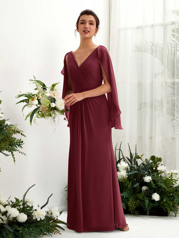 Carlyna Tubo Escote en V Capa Gasa Vestido de dama de honor Borgoña #color_borgo-a