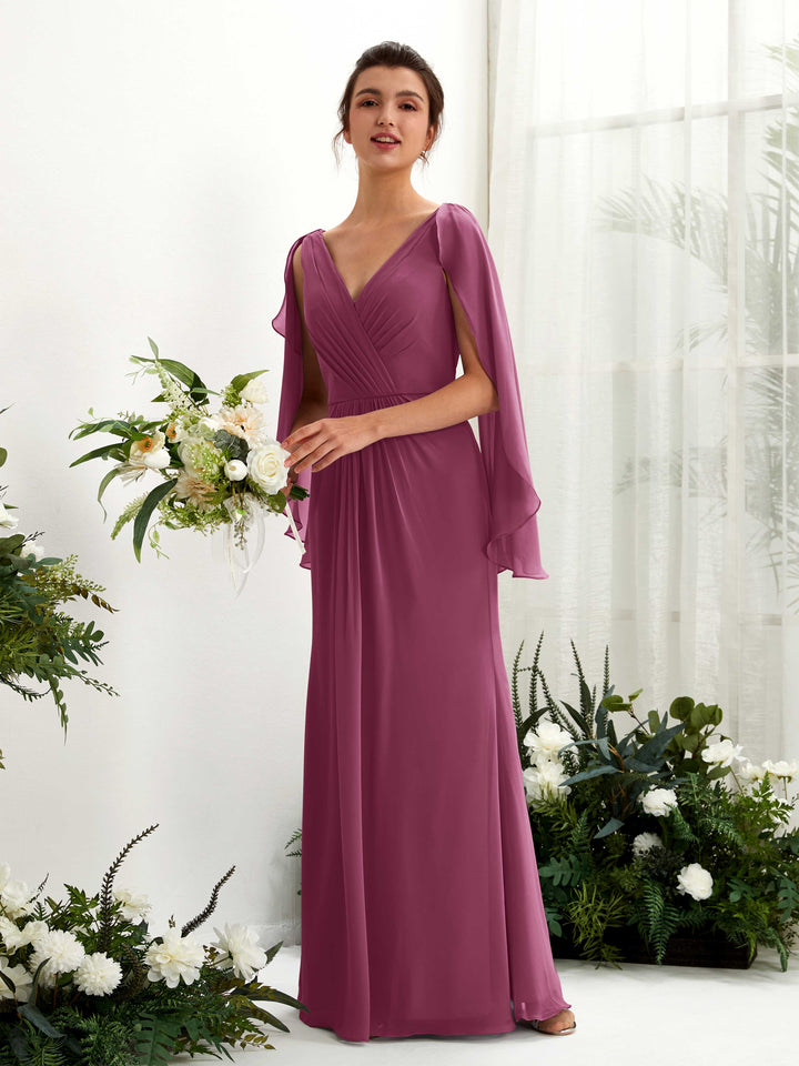 Carlyna Tubo Escote en V Capa Gasa Vestido de dama de honor Chianti 