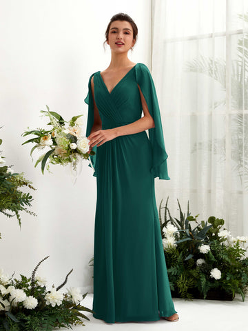 Carlyna Tubo Escote en V Capa Gasa Vestido de dama de honor Esmeralda Oscuro #color_esmeralda-oscuro