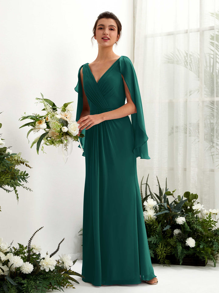Carlyna Tubo Escote en V Capa Gasa Vestido de dama de honor Esmeralda Oscuro 