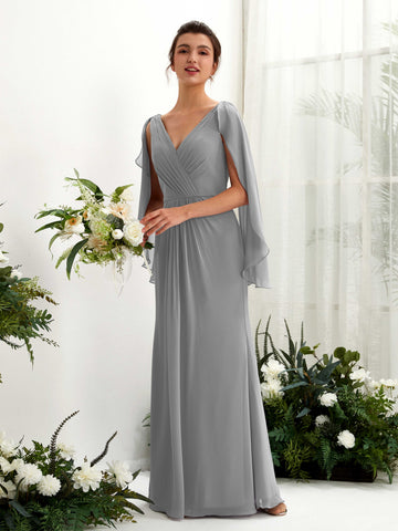 Carlyna Tubo Escote en V Capa Gasa Vestido de dama de honor Gris Acero #color_gris-acero