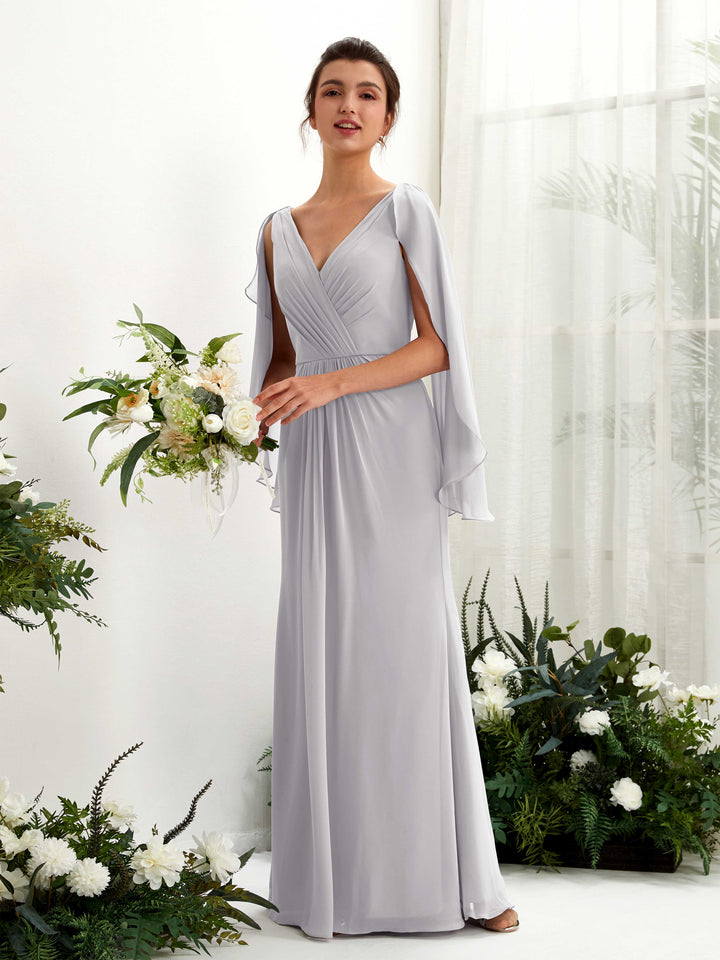 Carlyna Tubo Escote en V Capa Gasa Vestido de dama de honor Gris Paloma 