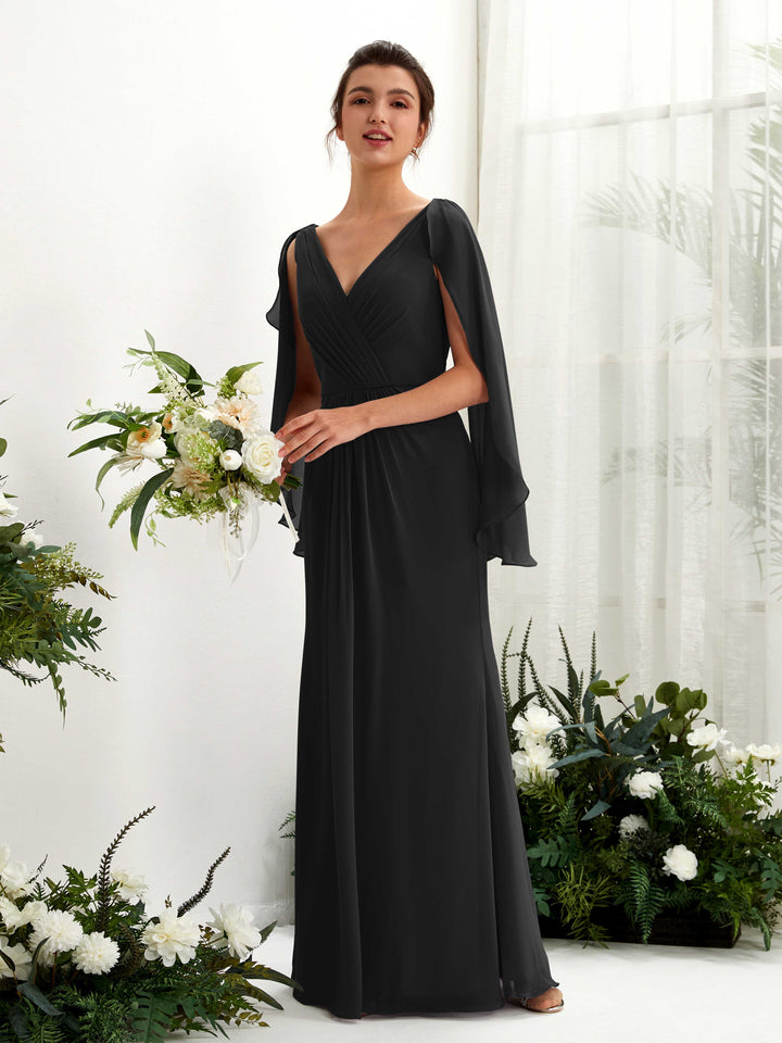 Carlyna Tubo Escote en V Capa Gasa Vestido de dama de honor Negro 