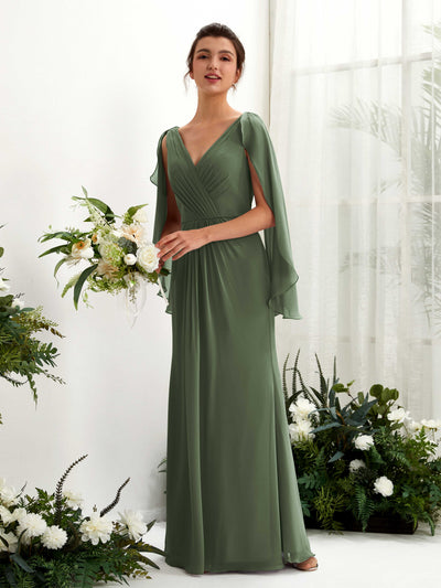 Carlyna Tubo Escote en V Capa Gasa Vestido de dama de honor Oliva Martini #color_oliva-martini