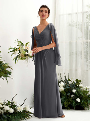 Carlyna Tubo Escote en V Capa Gasa Vestido de dama de honor Peltre #color_peltre