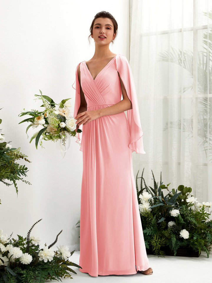 Carlyna Tubo Escote en V Capa Gasa Vestido de dama de honor Rosa Ballet 