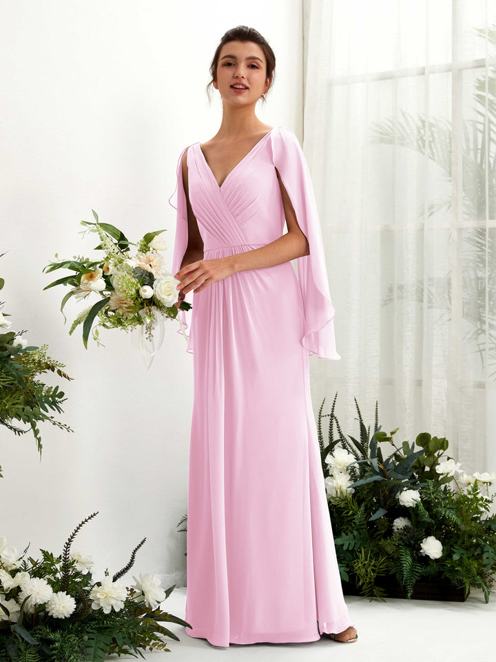 Carlyna Tubo Escote en V Capa Gasa Vestido de dama de honor Rosa Caramelo 