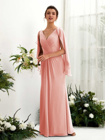 Carlyna Tubo Escote en V Capa Gasa Vestido de dama de honor Rosa Champán #color_rosa-champ-n