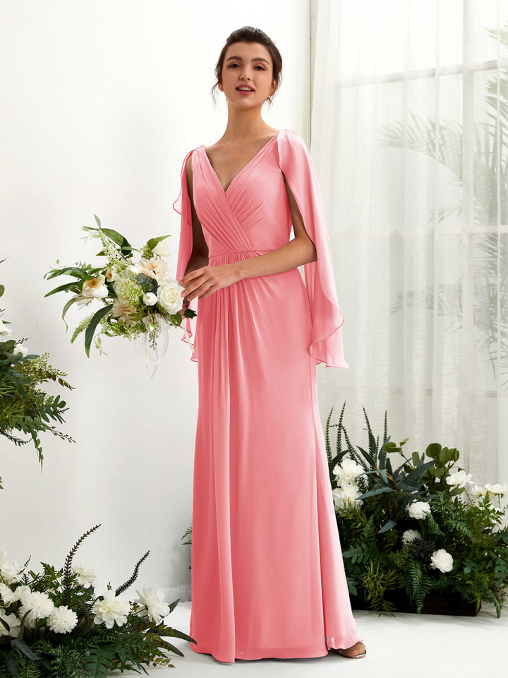 Carlyna Tubo Escote en V Capa Gasa Vestido de dama de honor Rosa Coral 