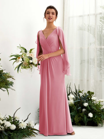 Carlyna Tubo Escote en V Capa Gasa Vestido de dama de honor Rosa Del Desierto #color_rosa-del-desierto