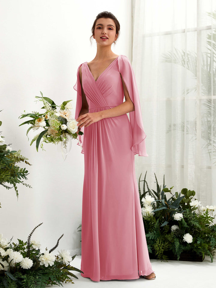 Carlyna Tubo Escote en V Capa Gasa Vestido de dama de honor Rosa Del Desierto 