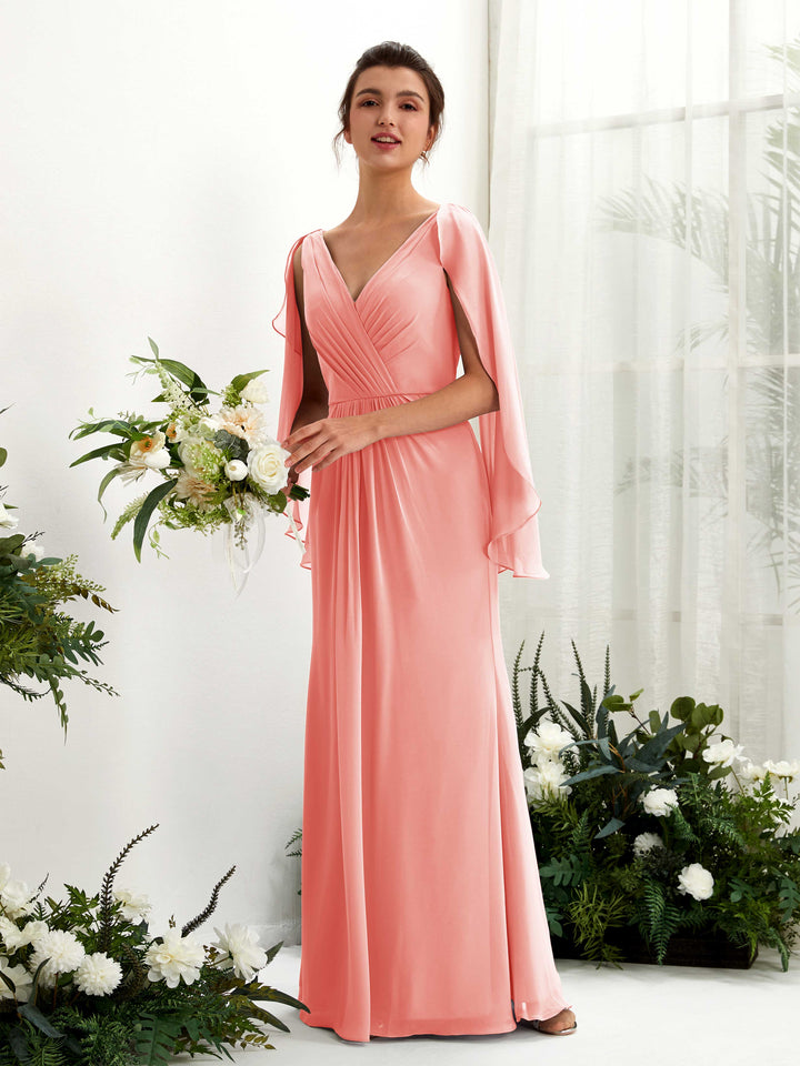 Carlyna Tubo Escote en V Capa Gasa Vestido de dama de honor Rosa Melocotón 