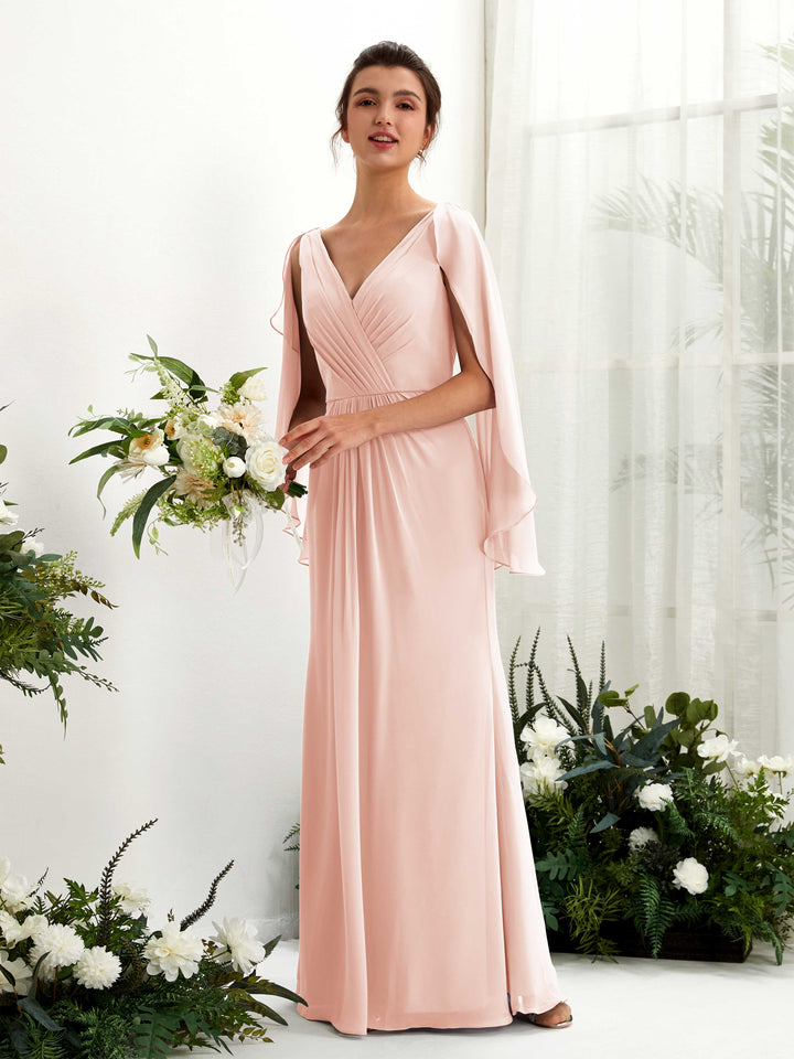 Carlyna Tubo Escote en V Capa Gasa Vestido de dama de honor Rosa Perla 