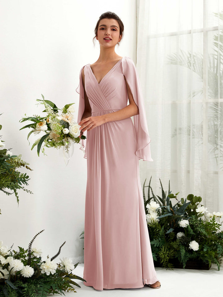 Carlyna Tubo Escote en V Capa Gasa Vestido de dama de honor Rosa Polvorienta 