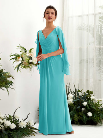 Carlyna Tubo Escote en V Capa Gasa Vestido de dama de honor Turquesa #color_turquesa