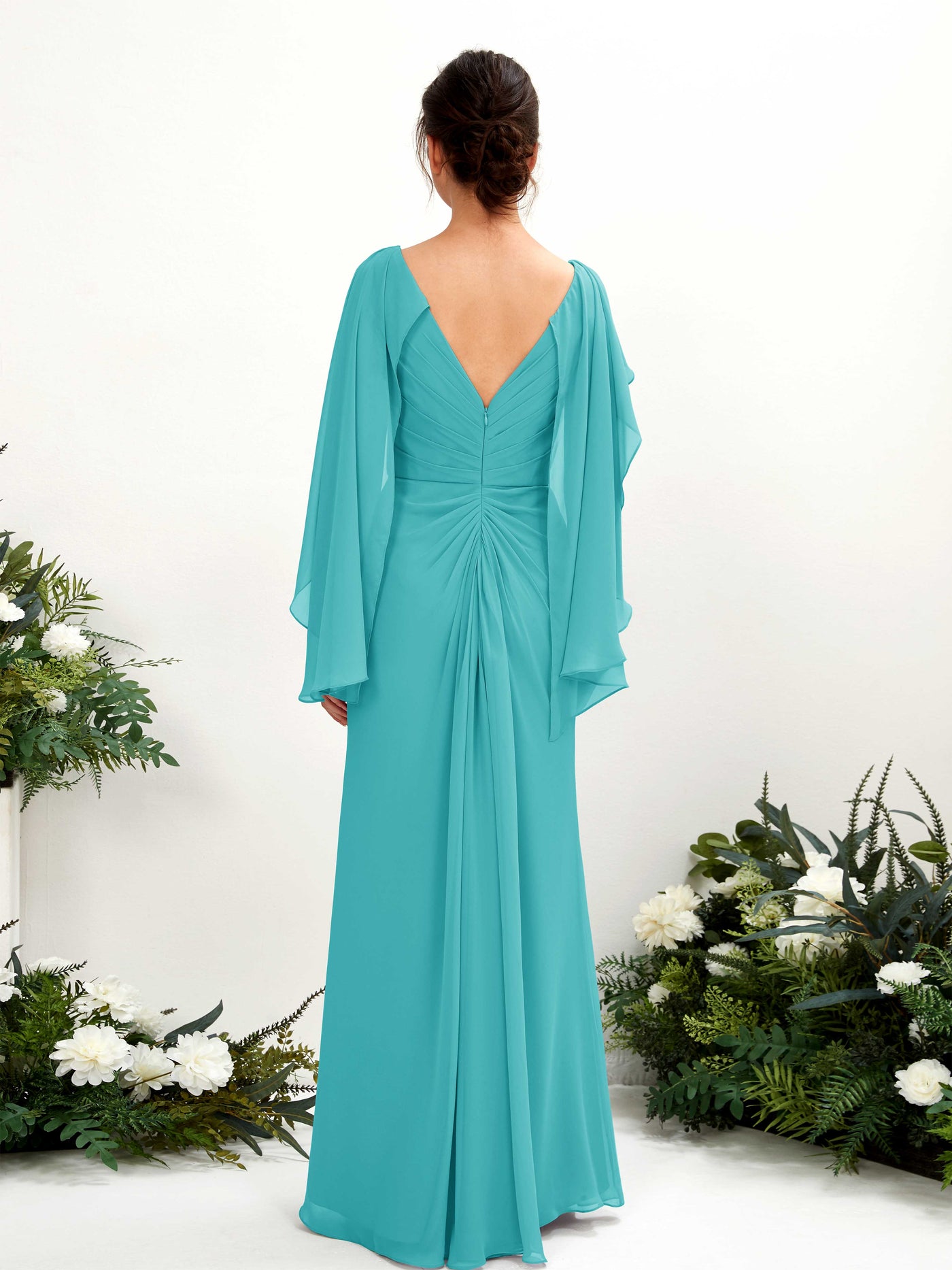 Carlyna Tubo Escote en V Capa Gasa Vestido de dama de honor Turquesa #color_turquesa