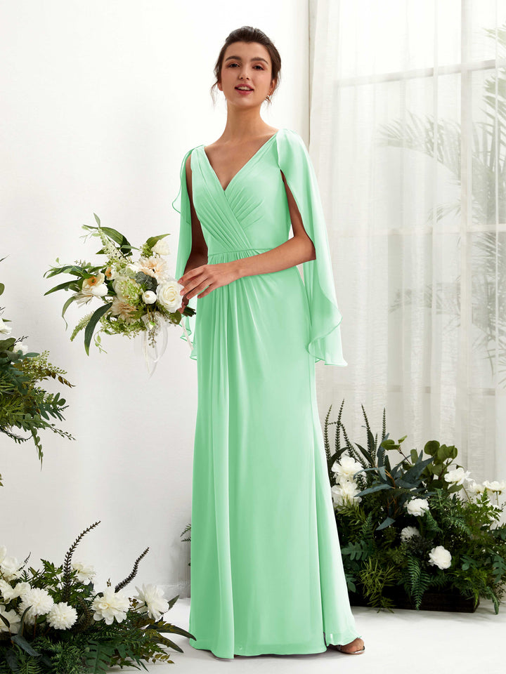 Carlyna Tubo Escote en V Capa Gasa Vestido de dama de honor Verde Menta 