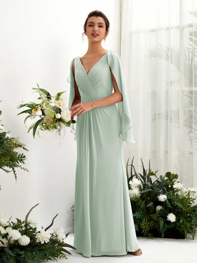Carlyna Tubo Escote en V Capa Gasa Vestido de dama de honor Verde Salvia #color_verde-salvia
