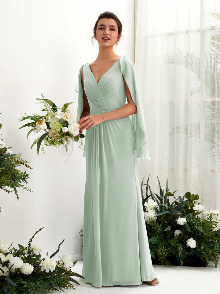 Carlyna Tubo Escote en V Capa Gasa Vestido de dama de honor Verde Salvia 
