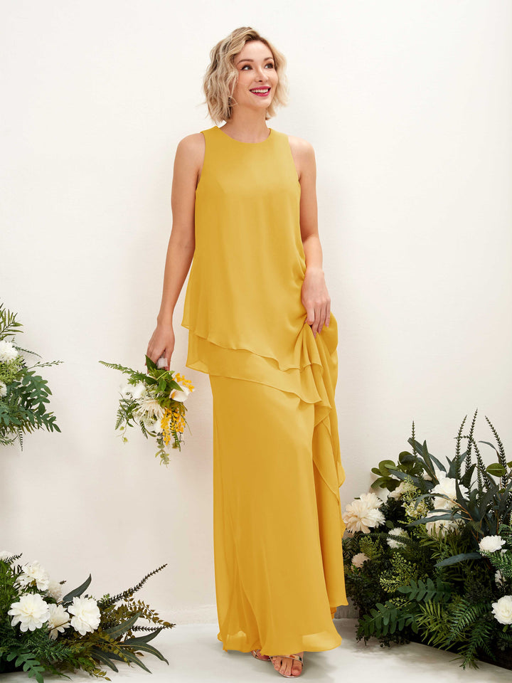 Carlyna Tubo Hasta el suelo Cuello redondo Vestido de dama de honor Amarillo Mostaza 