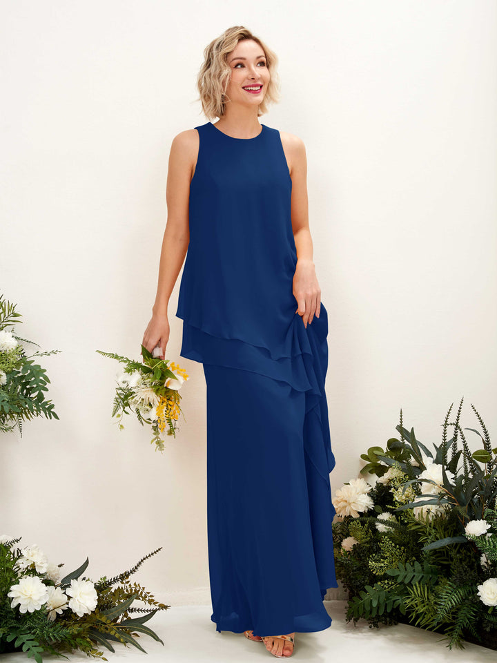 Carlyna Tubo Hasta el suelo Cuello redondo Vestido de dama de honor Azul Real 