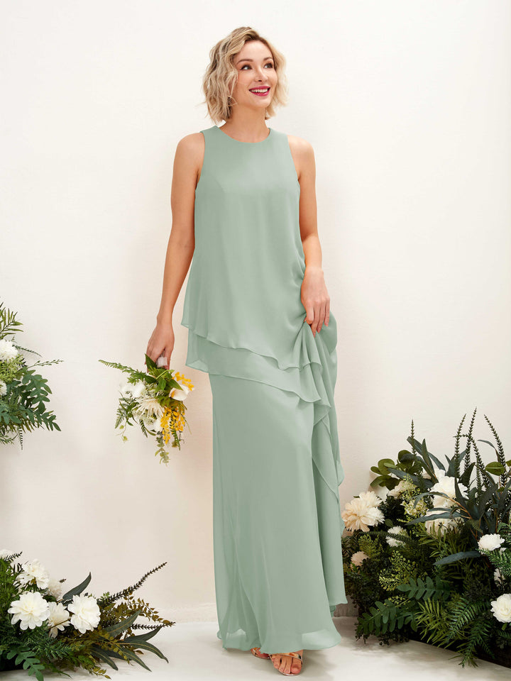 Carlyna Tubo Hasta el suelo Cuello redondo Vestido de dama de honor Verde Salvia 