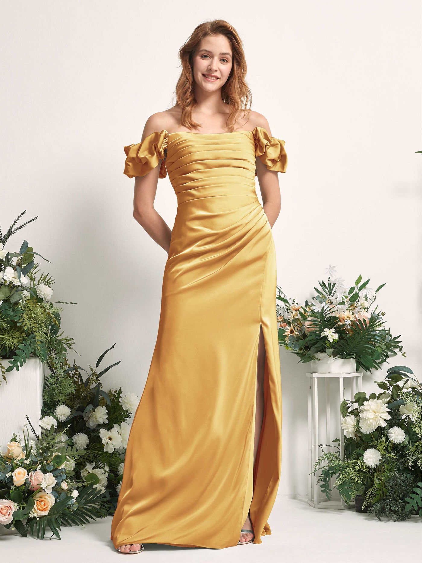 Carlyna Tubo Hasta el suelo Hombros caídos Vestido de dama de honor Amarillo Canario #color_amarillo-canario