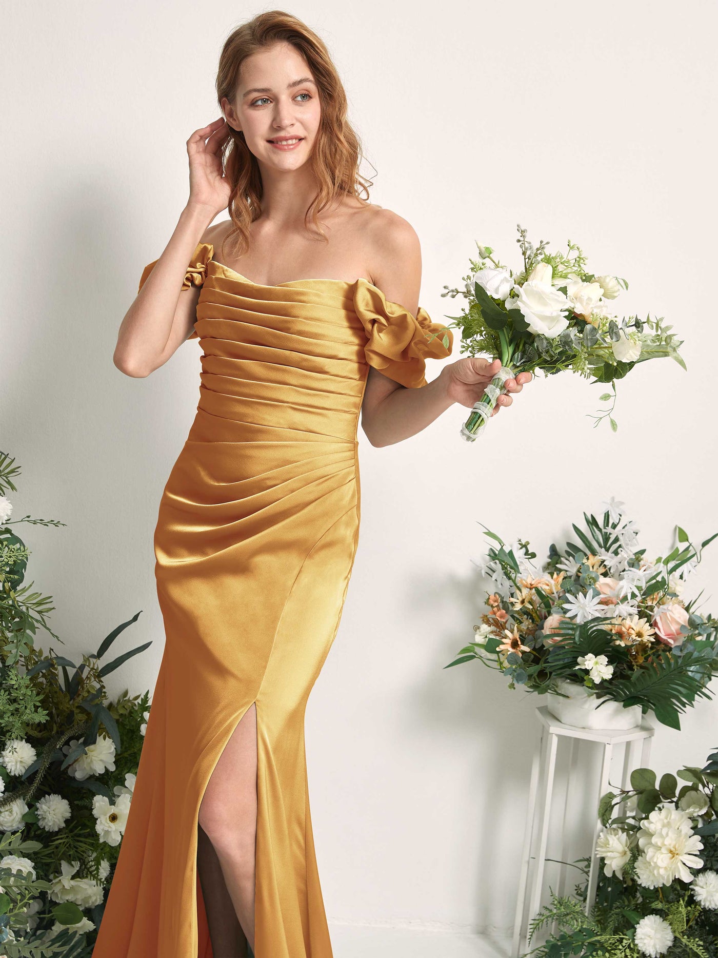Carlyna Tubo Hasta el suelo Hombros caídos Vestido de dama de honor Amarillo Canario #color_amarillo-canario