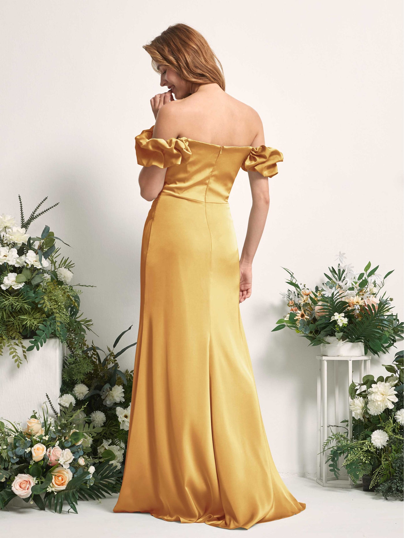 Carlyna Tubo Hasta el suelo Hombros caídos Vestido de dama de honor Amarillo Canario #color_amarillo-canario