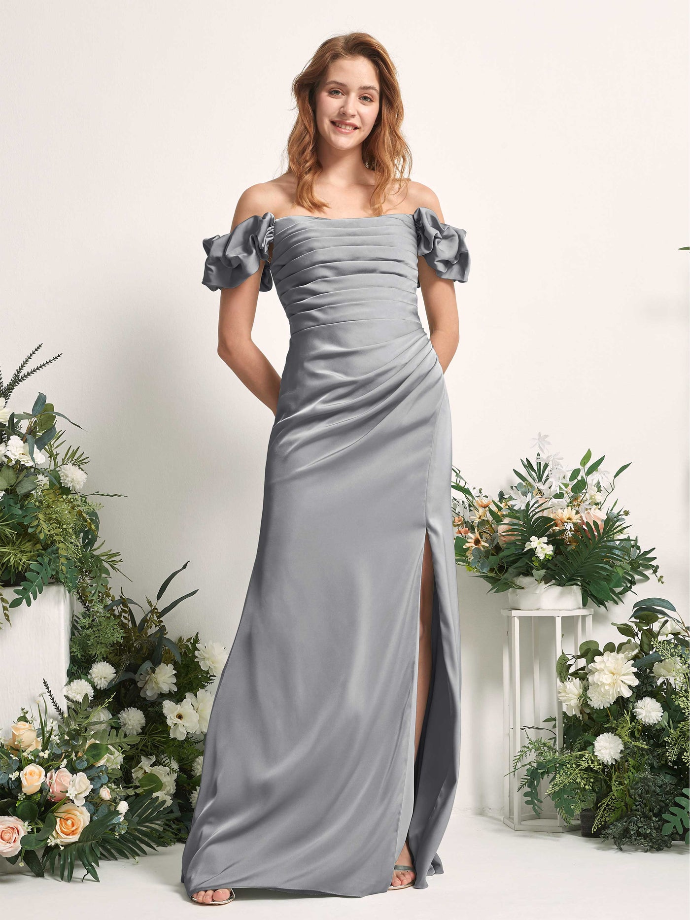 Carlyna Tubo Hasta el suelo Hombros caídos Vestido de dama de honor Gris Acero #color_gris-acero