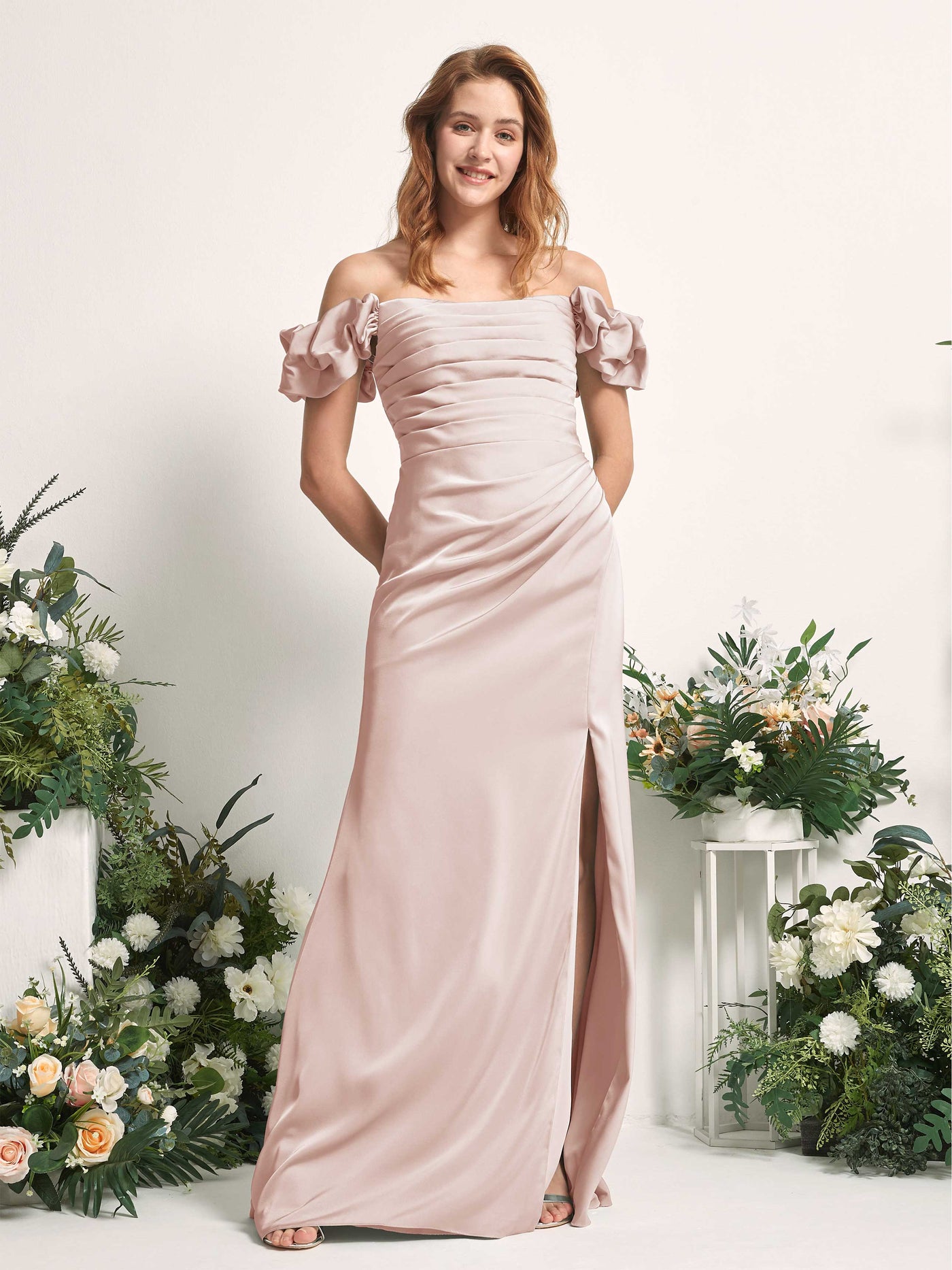 Carlyna Tubo Hasta el suelo Hombros caídos Vestido de dama de honor Rosa Perla #color_rosa-perla