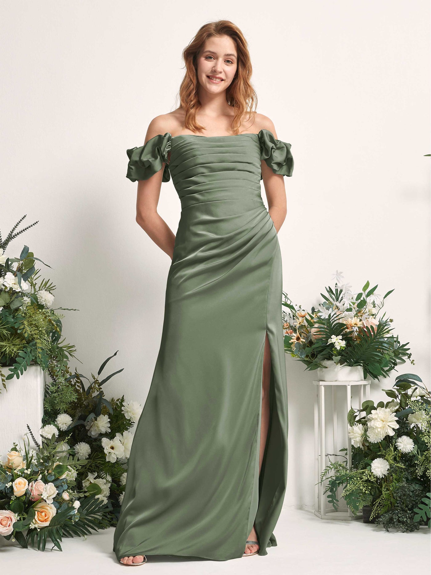 Carlyna Tubo Hasta el suelo Hombros caídos Vestido de dama de honor Verde Oliva #color_verde-oliva